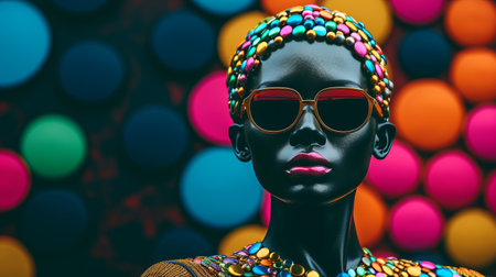 a woman in black wearing sunglasses stands out against a bright background. the photo showcases an african-influenced style with colorful figures. the use of daz3d creates a vivid and saturated color palette, while the sculpture-based photography adds depth. the selective focus enhances the bold and bright colors in the image. ai generatedの素材