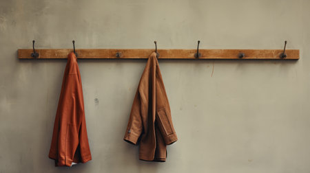 coat rack with jackets for outside the door, featuring a soft focus nostalgia style. the light orange and brown colors add a touch of urban industrialism to the deconstructed tailoring. captured with a ricoh gr iii camera, this image showcases the unique aesthetic of hermitpunk and the texture of leatherhide. ai generatedの素材