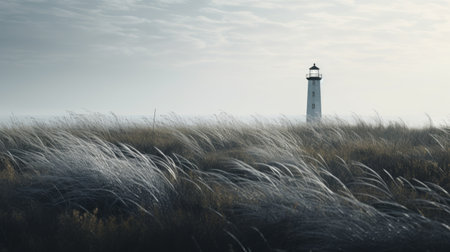 open lighthouse in a field of tall grass, contemporary minimalist style, light gray and dark black, sculptural aesthetics, coastal views, minimalist sets, gothic revival, muted colors. ai generatedの素材