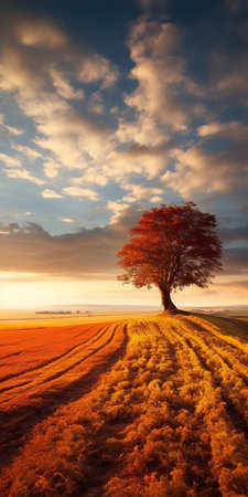an isolated landscape featuring a single tree stands tall in a picturesque autumn wheat field. this stock photo captures the essence of the season with its dark amber and crimson tones. the majestic composition, backlit by the sun, creates a high-quality image. the saturated color scheme adds to the romantic and dramatic feel of the landscape, making it atmospheric and dreamy. ai generatedの素材