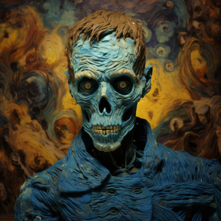 macabre painting of v from frozen transformed into a zombie, depicted in the dark and creepy style of vincent van gogh. ai generatedの素材