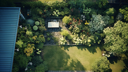 a small garden with chairs and a lawn mower is captured in an overhead view, showcasing the rich tonal palette of the ricoh gr iii camera. this environmentally inspired image, reminiscent of the contax tix style, beautifully combines the urban metropolis with the tranquility of nature. georg jensen's influence can be seen in the elegant design elements throughout the scene. ai generatedの素材