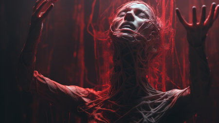 the photo features a scarlet old creature in shock, with hands on top of its head. the image is in the style of hyper-realistic sci-fi, created by alessio albi using bryce 3d software. the photo has minimal retouching, giving it a grainy and tenebrous appearance. the bold and dynamic lines add to the overall impact of the image. andrew ferez is also associated with thisの素材
