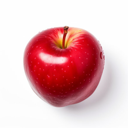 a red apple sits on a white background, showcasing minimal retouching and the distinct style of the vancouver school. the smooth and polished appearance of the apple creates an eye-catching grocery art piece. with a touch of grainy texture, this photo captures the essence of the rtx aesthetic. ai generatedの素材