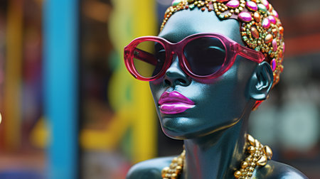 a female mannequin wearing sunglasses and a necklace is positioned near a street. the mannequin is adorned with vibrant pop art-inspired colors and imagery, featuring shades of dark cyan and pink. the overall aesthetic showcases a meticulous attention to detail, with influences from african culture evident in the design. the soft-focus portraits and bright sculptures further enhance the artistic appeal, while the costume and fashionの素材