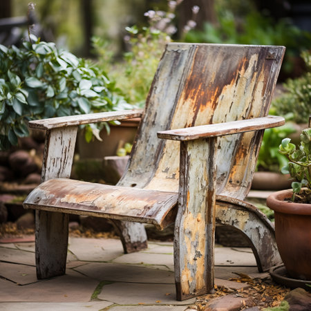 old wooden chair with a potted plant in the background, featuring a light indigo and dark amber color scheme. the chair blends chromatic sculptural slabs with impressionist gardens, reflecting sustainable architecture and american consumer culture. the image captures shimmering metallics and atmospheric woodland imagery. ai generatedの素材