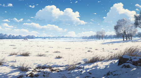 a ukrainian winter landscape with snow depicted in 3d wallpapers, featuring a low-angle view of brushstroke fields. the style is inspired by anime, with a simplistic vector art approach. the image captures a realistic yet romantic atmosphere, enhanced by the use of fujifilm eterna vivid 500t film. this high-resolution image is available in 1920x1080 uhd format. ai generatedの素材