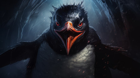 a penguin, inspired by frostpunk, is depicted walking and swimming in the dark. the hyper-realistic animal illustration showcases the penguin's teeth, while the tenebrism technique creates a striking contrast of dark indigo and red hues. the artwork embraces the pigeoncore aesthetic, featuring masterful shading and jagged edges for added intensity. ai generatedの素材