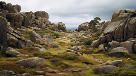 grass and rocks adorn the majestic rocky mountains, reminiscent of the stunning australian landscapes. this national geographic photo captures the essence of gauzy atmospheric landscapes, blending the beauty of traditional british landscapes with the rugged allure of the rockies. ai generatedの素材