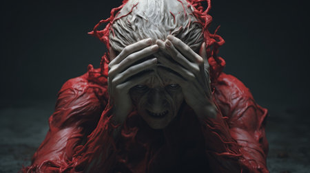 the photo features a scarlet old creature in shock, with hands on top of its head. the image is in the style of hyper-realistic sci-fi, created by alessio albi using bryce 3d software. the photo has minimal retouching, giving it a grainy and tenebrous appearance. the bold and dynamic lines add to the overall impact of the image. andrew ferez is also associated with thisの素材
