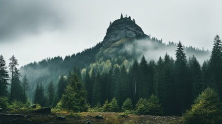 clouds and forest merge to form a captivating and atmospheric landscape. this swiss-style photograph, captured with the carl zeiss distagon t 15mm f/2.8 ze lens, showcases haunting structures amidst a hazy and high-resolution wilderness. ai generatedの素材