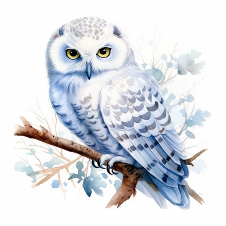 a white snowy owl with blue eyes is depicted in this charming illustration. the delicate watercolor style brings out the beauty of the owl against a backdrop of twisted branches and delicate shading. the high-contrast shading in white and gray adds depth to the overall composition. ai generatedの素材