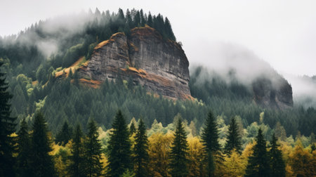 a foggy autumn landscape featuring a blue sky and dark emerald and yellow tones. this northwest school-inspired photo captures a sense of imposing monumentality with layered imagery and subtle irony. the forestpunk aesthetic is evident in the organic formations, creating a narrative-driven visual storytelling experience. ai generatedの素材
