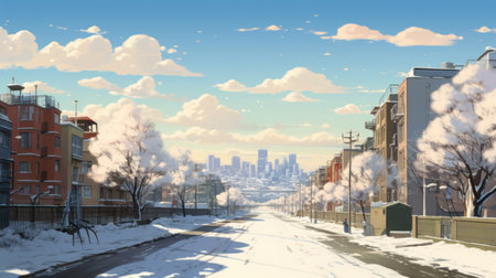 cityscape stretching across the plains on a moderately sunny day with light snow flurries. the sun illuminates the snow, creating a magical atmosphere reminiscent of studio ghibli. surrounding the scene are leafless trees, adding to the enchanting ambiance. this 16:9 photograph captures the intricate details of the cityscape. ai generatedの素材