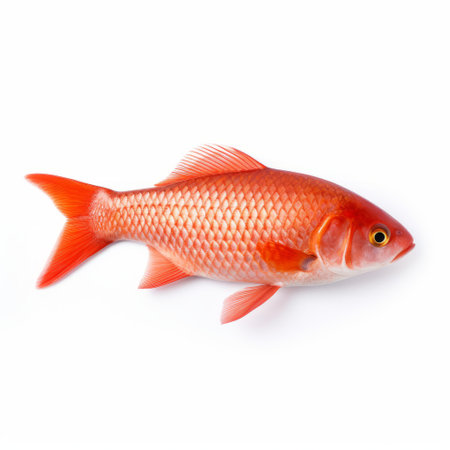 an orange fish, captured in the style of tilt-shift photography, stands out against a clean white background. the image showcases a blend of dark pink and white tones, reminiscent of classic japanese simplicity. this realistic animal portrait combines traditional vietnamese elements with sharp and clever humor, resulting in a visually stunning uhd image. ai generatedの素材