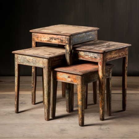 three large antique tables and stools are arranged on one side of the room. the tables and stools are done in a painterly style, reminiscent of rustic still lifes. the darktable processing enhances the overall aesthetic, while the limited color range adds to the charm. the composition is influenced by quadratura, dansaekhwa, and the bengal school of art. ai generatedの素材