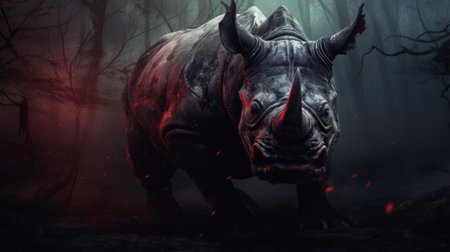 a red rhino wallpaper in the style of tom bagshaw. this free 32k uhd image showcases eerie compositions with dramatic light and shadow. the burned and charred details add to the hyper-realistic animal illustration. get the best wallpapers for your device with this stunning uhd image. ai generatedの素材