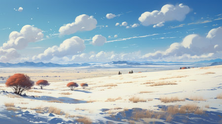 a vast grassland stretches across the plains, under a moderately sunny sky with light snow flurries. the sun illuminates the glistening snow, creating a magical atmosphere reminiscent of studio ghibli films. leafless trees dot the landscape, adding to the enchanting scenery of this 16:9 photograph. ai generatedの素材