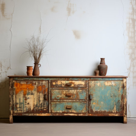 the antique sideboard, in the style of arbeitsrat fur kunst, features rusted drawers. this color photograph captures the light indigo and yellow hues, showcasing the pioneering work of color photography. the image showcases rustic scenes with rusty debris, combining dark green and beige tones, and seamlessly blending natural and man-made elements. ai generatedの素材