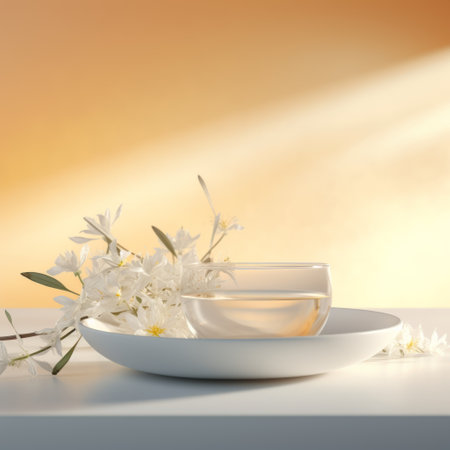 a white cup and plates adorned with flowers are beautifully illuminated in the background. this hyper-realistic rendering captures every intricate detail, from the translucent water to the delicate shades of light orange and light gold. the minimalist beauty of this composition is enhanced by the use of hyper-realistic oil techniques. shot with a fujifilm natura 1600, this image showcases a realistic and highly detailed rendering.の素材