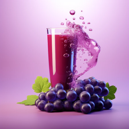 a glass of grape juice, captured in a hyperrealistic illustration style using vray tracing. the vibrant purple color of the juice is beautifully depicted, with splashes frozen in mid-air. this artwork showcases elements of goosepunk, organic movement, cross processing, kimoicore, and organic sculpting, resulting in a visually stunning and dynamic composition. ai generatedの素材