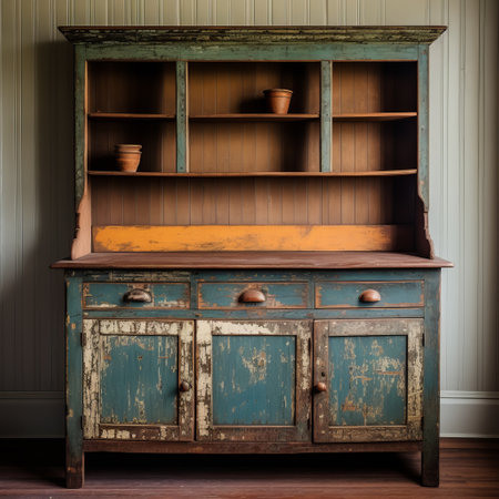an old distressed blue hutch is mounted on the wall, showcasing the rustic americana style with dark green and amber accents. this unique piece reflects american consumer culture and serves as a critique of consumerism. the hutch's strong contours evoke the artistic influences of beatrix potter and charles willson peale. ai generatedの素材