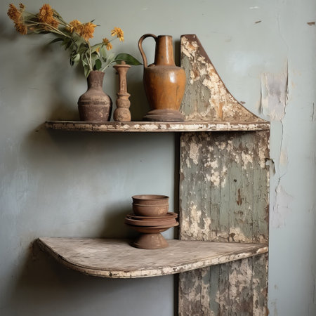 the photo showcases a set of 3 old-fashioned french shabby chic shelving units. inspired by the style of farm security administration photography, these shelves feature elements of danish design, irregular forms, and sharp angles. the atmosphere is moody and atmospheric, reminiscent of primitive folk art. the influence of dutch and flemish design can also be seen in this unique piece. ai generatedの素材