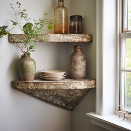a wooden shelf, inspired by earthy naturalism, is positioned next to a window. the rough hewn surfaces and rustic charm evoke the style of artists like casey baugh and willard metcalf. this unique piece combines traditional techniques with a reimagined, extreme angle, creating a captivating visual experience. ai generatedの素材