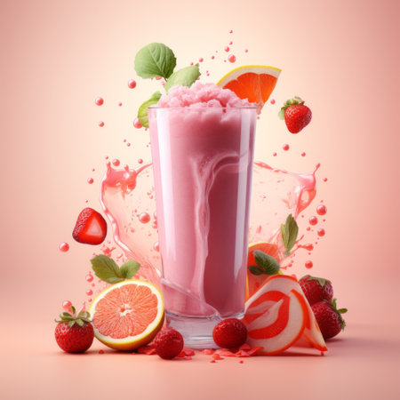 colorful smoothie featuring vibrant orange and strawberry slices, beautifully arranged on a pink background. this visually stunning image, reminiscent of the artistic style of daz3d and caras ionut, showcases flowing textures and a combination of light white and light red hues. with an innovative page design, this paleocore-inspired smoothie is sure to energize and invigorate. ai generatedの素材