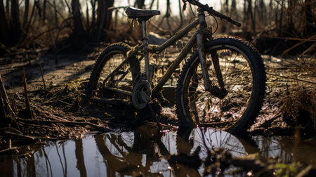 an old bike abandoned on the beach, covered in mud, captured in a stunning uhd image by jakub ralski. this atmospheric shot showcases the unique style of forestpunk photography, with its reflective, fluid, and loose composition. the backlight adds an extra touch of intrigue to this captivating scene. ai generatedの素材
