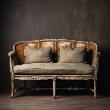 antique couches for the home featuring atmospheric and moody lighting. the distressed and weathered surfaces add character to these tabletop photography pieces. inspired by the works of edward poynter and olive cotton, these couches come in light brown and gray, with eye-catching details. ai generatedの素材