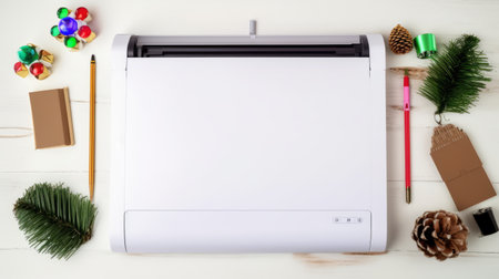 a paper cutter with paper and christmas decorations is showcased on a white background. the photo, inspired by the style of konica auto s3, captures precise lines and contours. the smooth surface and high-quality contact printing enhance the visual appeal. this captivating image, reminiscent of ryoji ikeda's work, evokes the essence of plein air painting. ai generatedの素材