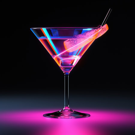 an old fashioned martini glass illuminated by a vibrant neon strip, featuring a captivating combination of dark sky-blue and light magenta hues. this molecular-inspired creation showcases a mesmerizing color splash effect, with a glittery and shiny appearance reminiscent of frantisek kupka's art. the liquid light emulsion casts a captivating glow in shades of dark pink and orange. ai generatedの素材