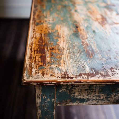 an old wooden table with peeling paint in a unique and one-of-a-kind style. the table features a combination of dark teal and light orange, as well as hints of light yellow and light indigo. this photo serves as a critique of consumer culture, while also drawing inspiration from rococo interiors. the soft focus adds to the rustic americana feel of the image. ai generatedの素材