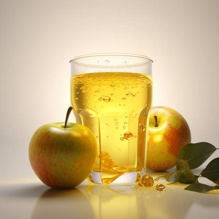an apple and a glass of fruit juice are depicted in this hyper-detailed and realistic rendering. the apple is light yellow and gold, while the glass of juice appears soggy and luminous. the 3d objects are rendered with intricate detail, showcasing the unique style of algeapunk artist flora borsi. ai generatedの素材