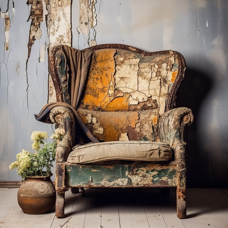 a chair, showcasing the effects of time, slowly decaying over the years. in front of it, vibrant flowers add a touch of color to the scene. the composition combines elements of opulent fabrics, post-apocalyptic settings, and weathered surfaces. the color palette features shades of light indigo, dark amber, green, and beige, creating a harmonious blend. the interior appears eroded, yet still maintains a traditional colorの素材