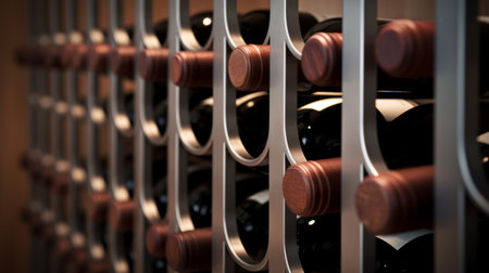 two stunning wine racks featuring wine barrels are showcased in these images. rendered in cinema4d, the style adds a touch of sophistication. with a shallow depth of field, the focus is on the intricate details. the 32k uhd resolution enhances the visual experience. inspired by pierre soulages, the light maroon and silver tones create a captivating nonrepresentational composition. these close-up shots truly capture the essenceの素材