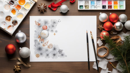 a holiday-themed art painting featuring photorealistic compositions with delicate gold detailing. this artwork showcases ink and wash techniques, incorporating silver and red colors. the style draws inspiration from scientific illustrations, creating a captivating tabletop photography effect. the painting captures the essence of the holidays with radiant clusters of colors. ai generatedの素材