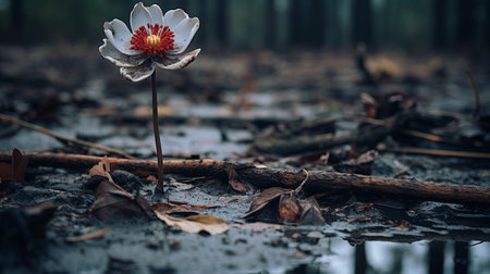 a plant in a muddy area, surrounded by leaves, captured in the style of caras ionut. the image features flower and nature motifs, with a color palette of light gray and dark crimson. it evokes a sense of atmospheric woodland imagery, reminiscent of qian xuan's work. this uhd image showcases the beauty of nature in a unique and captivating way. ai generatedの素材