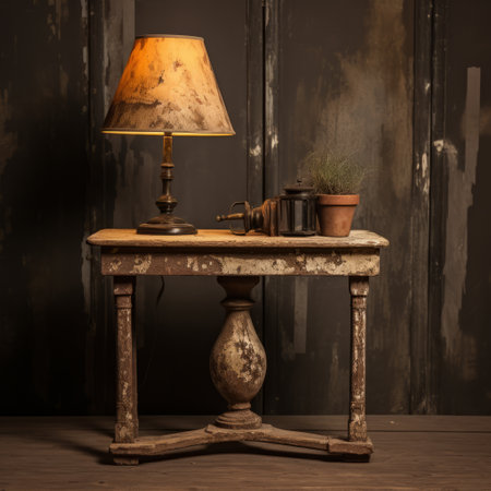 vintage wooden table with a black lamp, showcasing distressed and weathered surfaces. inspired by worthington whittredge's lively interiors and dramatic lighting, this composition utilizes the artistic style of jan saudek. the table evokes a sense of nostalgia, reminiscent of margaret olley's aesthetic. ai generatedの素材