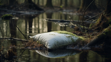 pillows on the forest floor captured by julie van der holt's photography. this naturalistic image, titled "danielle," showcases a calm waters-inspired style with elements of urban culture exploration. shot using the sony fe 85mm f/1.4 gm lens, the photograph embodies dutch realism and narrative-driven visual storytelling. the selective focus adds depth and intrigue, reminiscent of the works of serge marshennikov. ai generatedの素材