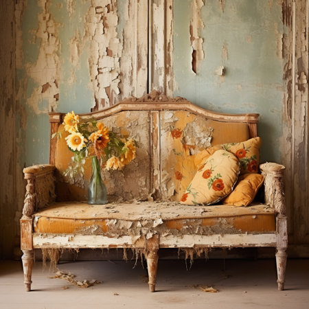 an old bench sits in a weathered and distressed room, adorned with flower pots. the room exudes a vintage charm with its light amber and aquamarine color scheme. the backdrop adds a touch of spectacle, while the textured fabrics and antique influences enhance the overall aesthetic. the bench is beautifully complemented by the romantic whimsy of light orange and yellow tones. ai generatedの素材