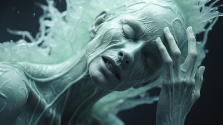 an aquamarine old creature in shock, with hands on top of its head, is depicted in this hyper-realistic sci-fi style photo by alessio albi. the white text adds a striking contrast to the image. created using bryce 3d software, the photo features minimal retouching and a grainy texture. the tenebrous atmosphere is enhanced by bold and dynamic lines, giving the photo a captivating and intenseの素材