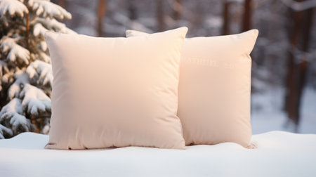 two white pillows, placed in front of a snowy backdrop, create a captivating contrast with their light pink and light amber hues. this mesmerizing photo, captured in the style of cartelcore, showcases the beauty of flowing fabrics. the close-up shot highlights the hard-edged details while enveloping the scene in a soft mist. ai generatedの素材