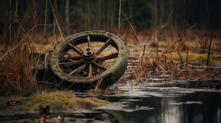 an old rusty wheel, reminiscent of 19th century german realism, is perched on a damp swamp. this viennese actionism-inspired photograph captures the essence of emotional naturalism. with a low depth of field, the portraitures within the image hold hidden meanings, much like the works of stephen shortridge. ai generatedの素材