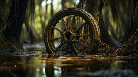 an old tire submerged in a swamp, surrounded by tangled roots, creates a captivating visual storytelling in the style of dark bronze and gold. this precisionist artwork showcases intricate details and hidden meanings, contrasting the rawness of nature with the concept of auto-destructive art. ai generatedの素材