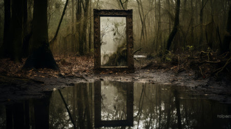 a haunting mirror is captured in the depths of a forest by alastair mason, reminiscent of dutch landscapes and moody still lifes. this uhd image, featured in national geographic, showcases the flowing surrealism and melancholic self-portraits that the artist is known for. the mirror is framed artistically, adding to the overall eerie atmosphere. ai generatedの素材