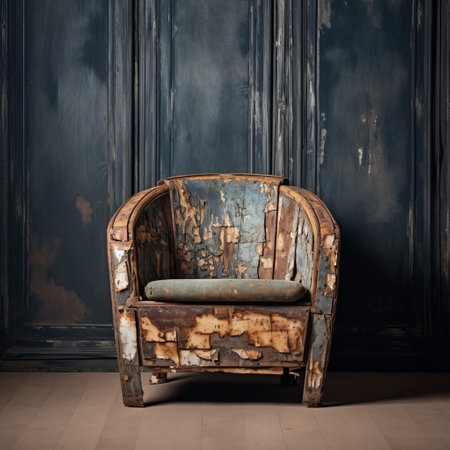 vintage red chair against rustic textured walls, showcasing the late 19th-century danish golden age style. the dark indigo and light aquamarine hues create a captivating contrast. muted earth tones and rusty debris add a touch of authenticity. luxurious fabrics adorn the chair, enhancing its elegance. this high-quality photo captures the essence of timeless beauty. ai generatedの素材