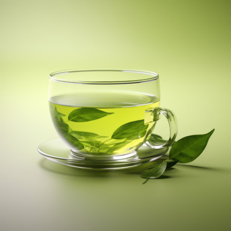a glass of green tea is showcased against a vibrant green background, creating a visually striking image. the photorealistic rendering captures the organic essence of the tea, while the precisionist style emphasizes the highly detailed foliage. this captivating image is perfect for websites seeking an ironical touch, with its smooth and polished appearance. ai generatedの素材