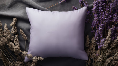 a photo of lavender pillows showcasing their realistic usage as throw pillows. the image features a cushion with a pillow cover and pillowcases. the style of the photo emphasizes the use of light and color, with soft gradients and a matte finish. the high-resolution image captures the raw materials and details of the pillows in 32k uhd quality. ai generatedの素材